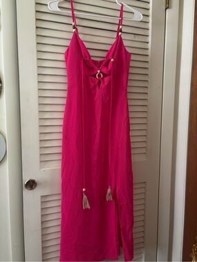 Fuchsia Spaghetti Strap Maxi Dress with Tassel Details